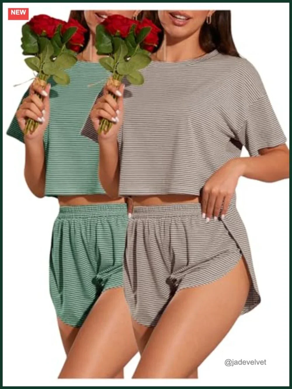 Striped Short Sleeve Pajama Set with Split Shorts